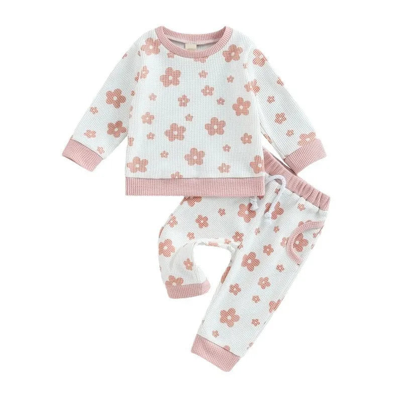 Children's cotton flower print sweater suit set with top and trousers in beige, camel, white, and milky white colours