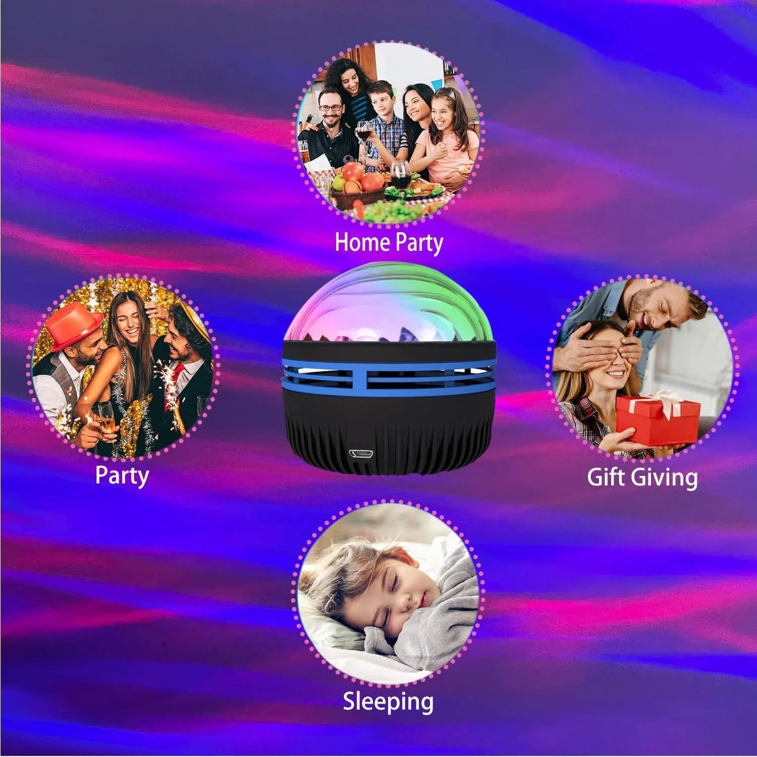 LED star galaxy projector lamp with colourful rotating light on a dark surface