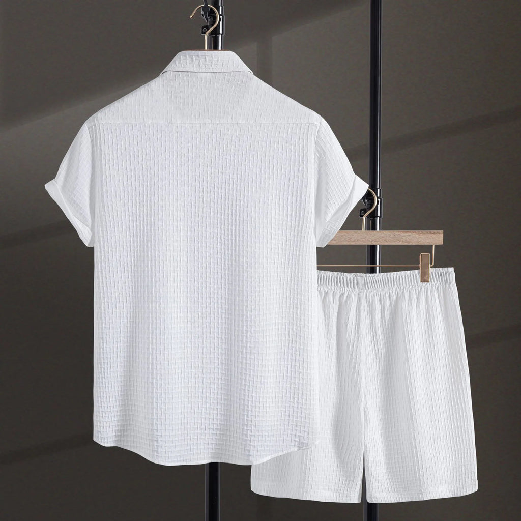 Men's casual cotton blend short sleeve shirt and shorts set in black, laid flat.