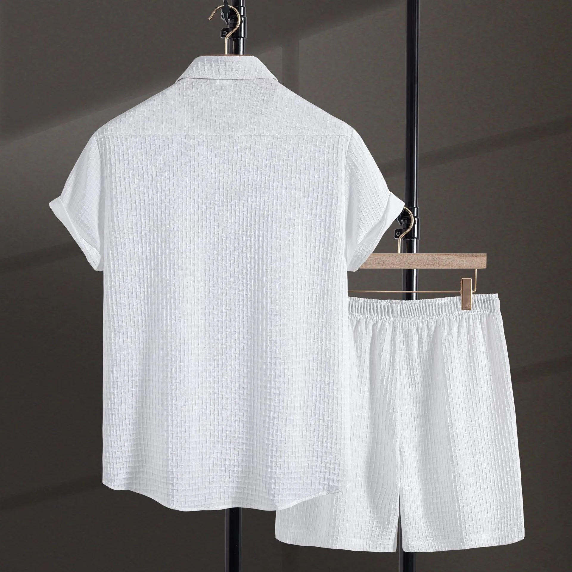 Men's casual cotton blend short sleeve shirt and shorts set in black, laid flat.