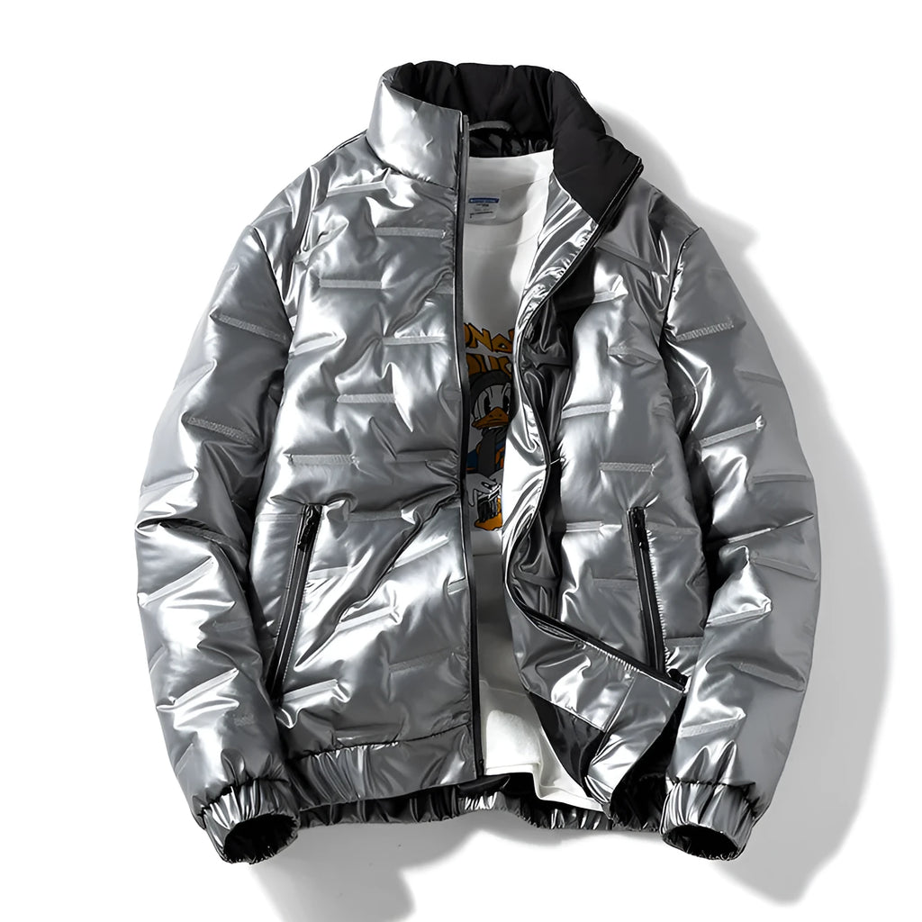 Plus-size shiny thick cotton coat in solid colour with side seam pockets