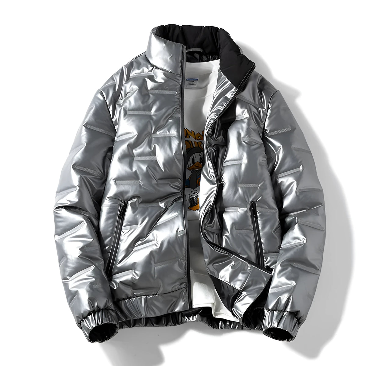 Plus-size shiny thick cotton coat in solid colour with side seam pockets