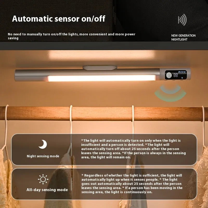 Magnetic charging infrared sensor strip lamp in silver with three-colour light and rechargeable battery