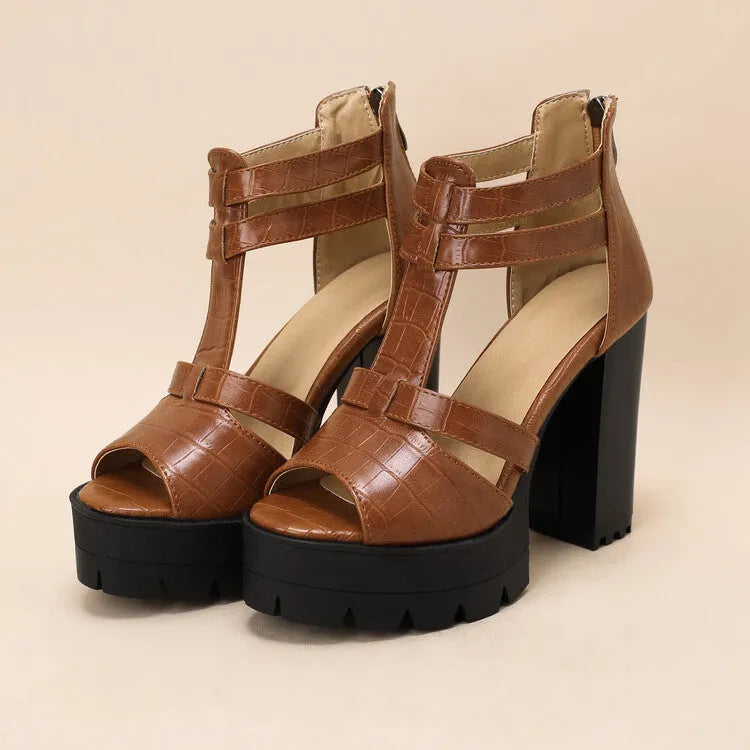 Women's black platform high heel sandals with round toe and back zip fastening.