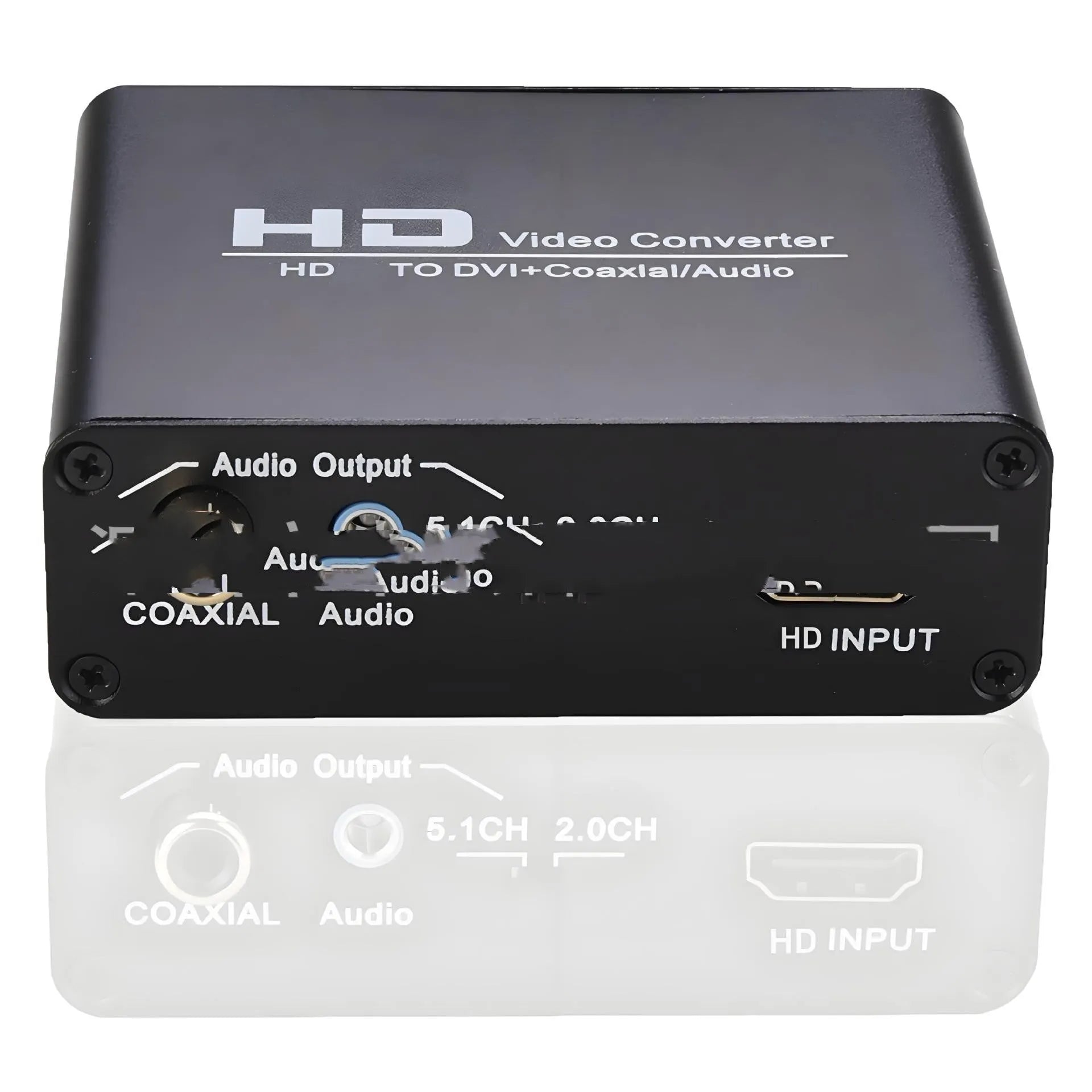 Black HDMI to DVI converter unit with a 1.5m cable and coaxial audio output port.