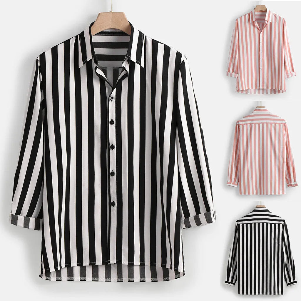 Men's long sleeve striped shirt in blue, made from hemp blend polyester with four-way stretch fabric