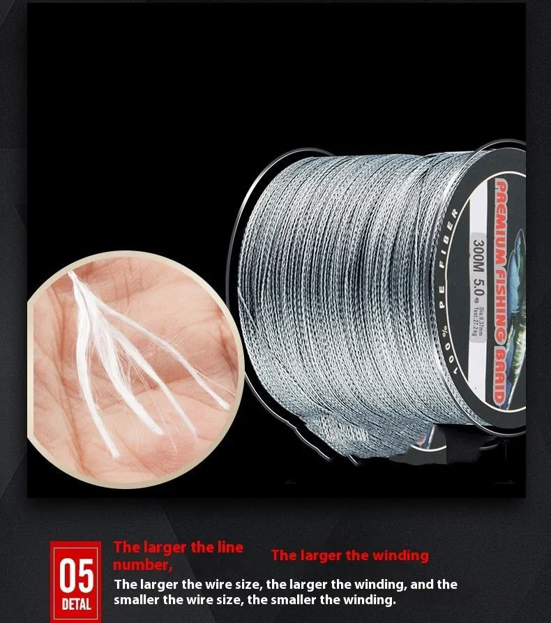 PE 300m 4-strand braided fishing line in multiple colours on a spool
