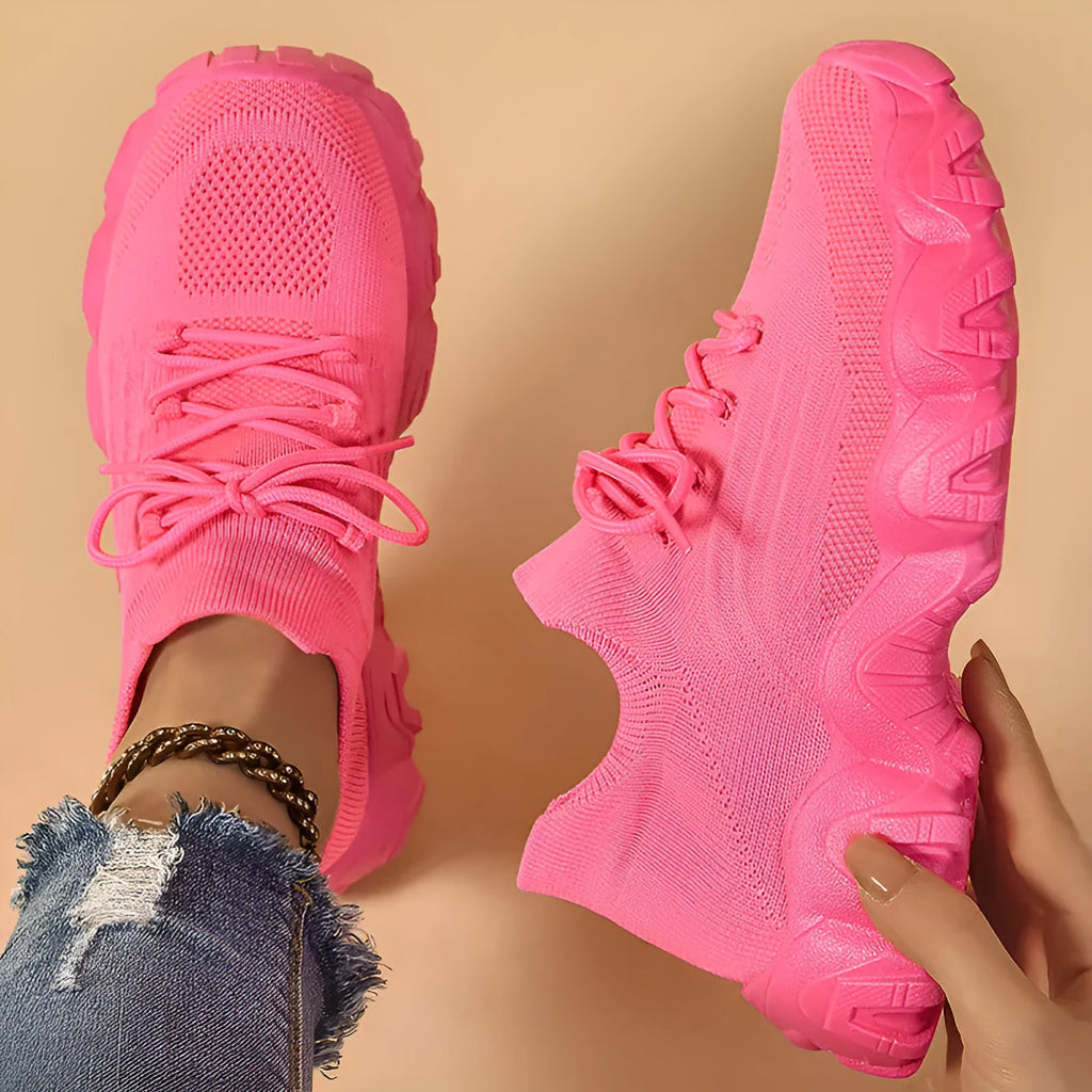 Lace-up fly-knit socks shoes with low heel platform sole, mesh upper, round toe, available in black and rose red
