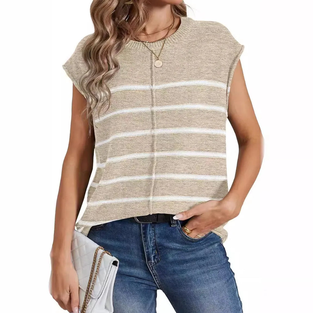 Women's striped sleeveless pullover vest top in acrylic fabric on a hanger.