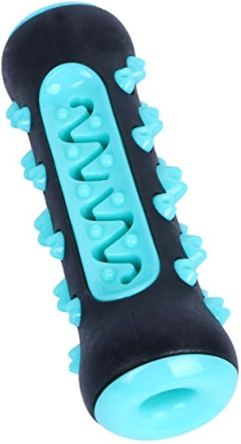 Natural rubber dog dental chew toy in blue with toothbrush texture for cleaning teeth.