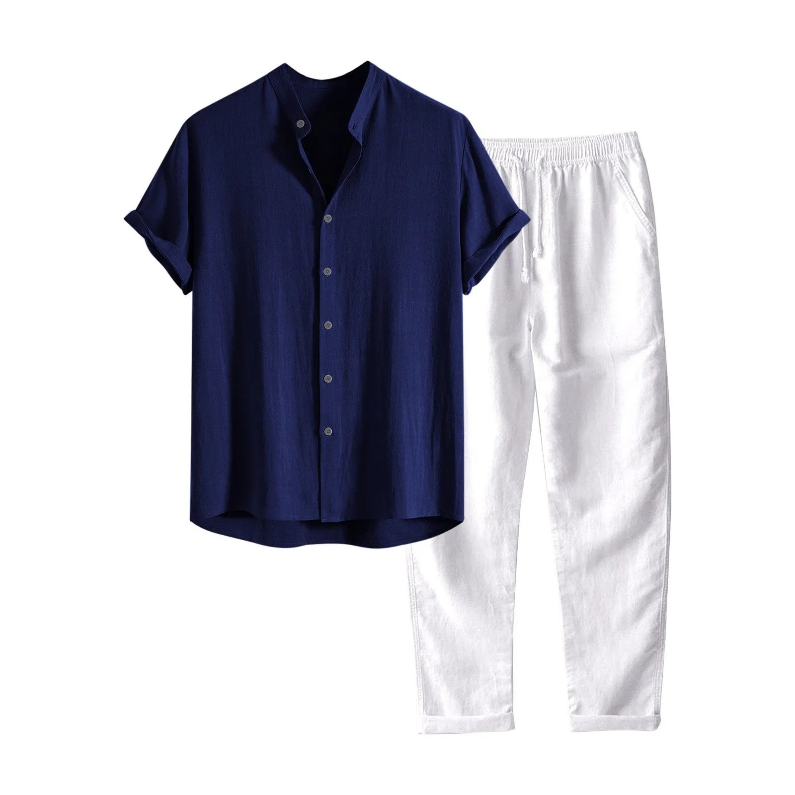 Man wearing a loose-fit short sleeve shirt and matching trousers from a casual linen-look polyester suit.