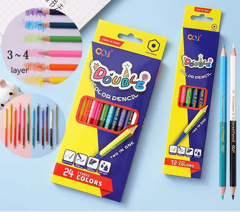 Set of wooden colour pencils showing double-headed brush and colour lead tips, available in 6 or 12 piece packs.