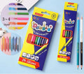 Set of wooden colour pencils showing double-headed brush and colour lead tips, available in 6 or 12 piece packs.
