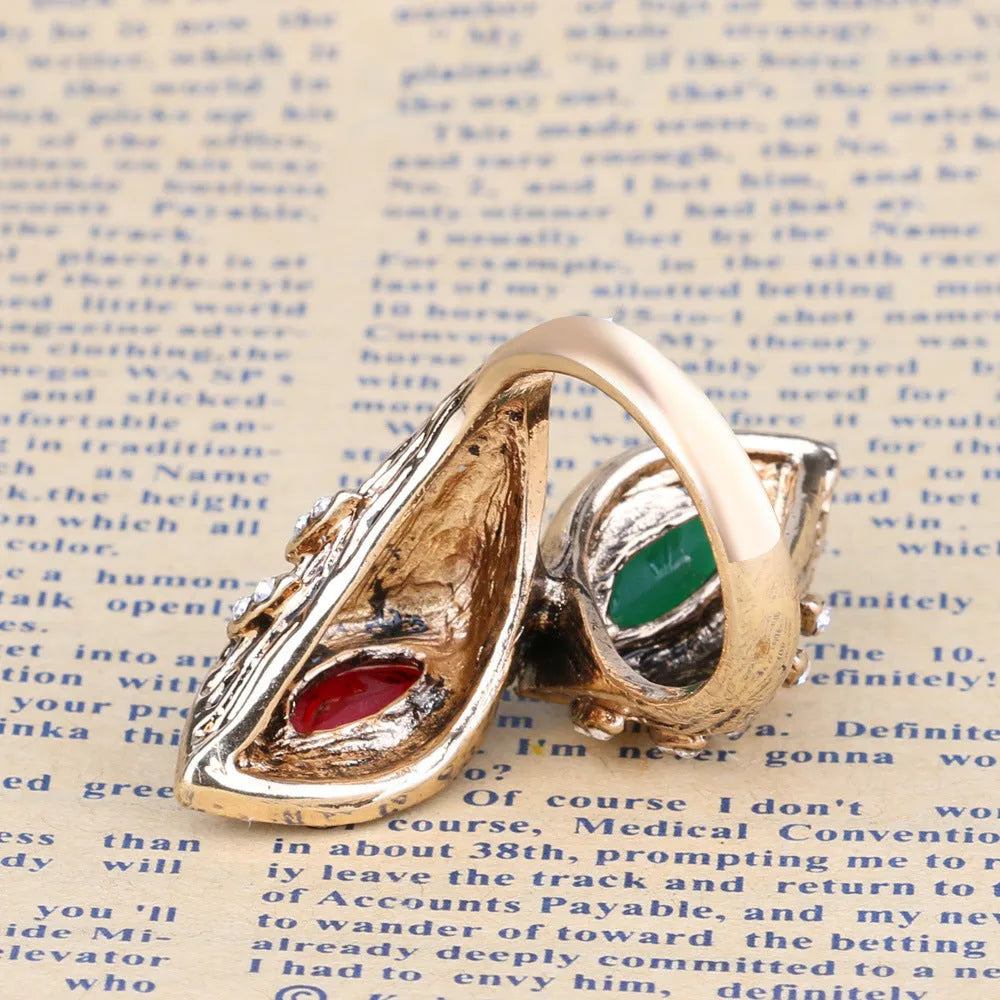 Bohemian retro gold-plated ladies ring with ruby and emerald artificial gemstone, geometric alloy band, sized No 7-10