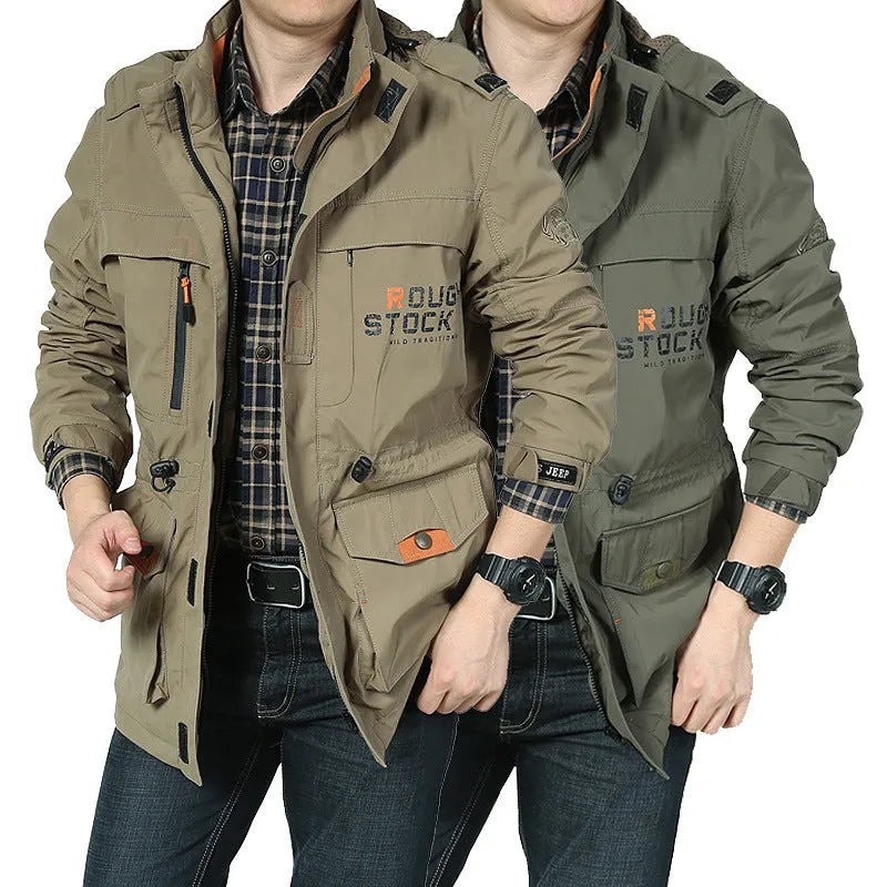 Men's spring thin jacket with hood and stand collar in black, waterproof nylon shell, available in sizes M to 4XL