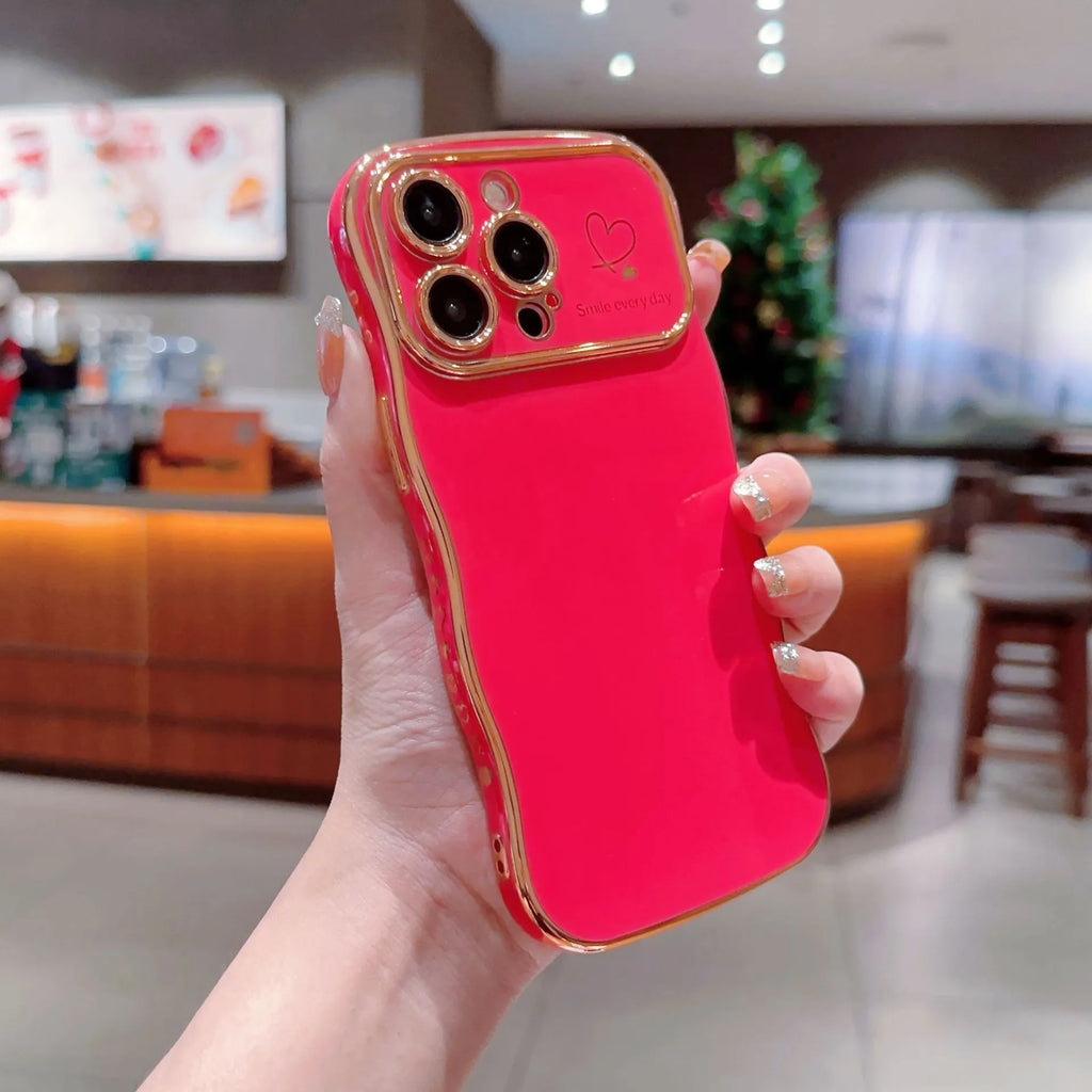 Electroplating wave love large window TPU phone case for iPhone, black colour, back view showing decorative wave pattern and card slot