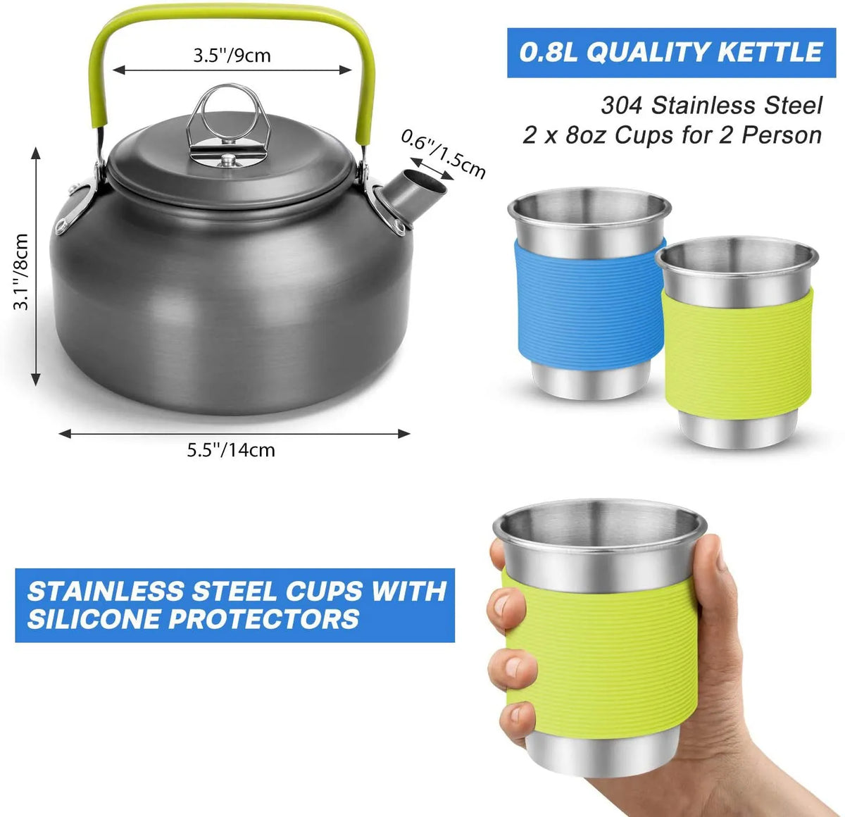 Camping cooker set with hard alumina pans, 0.8L teapot, stainless steel cups, plates, and cutlery in black, green, or orange.