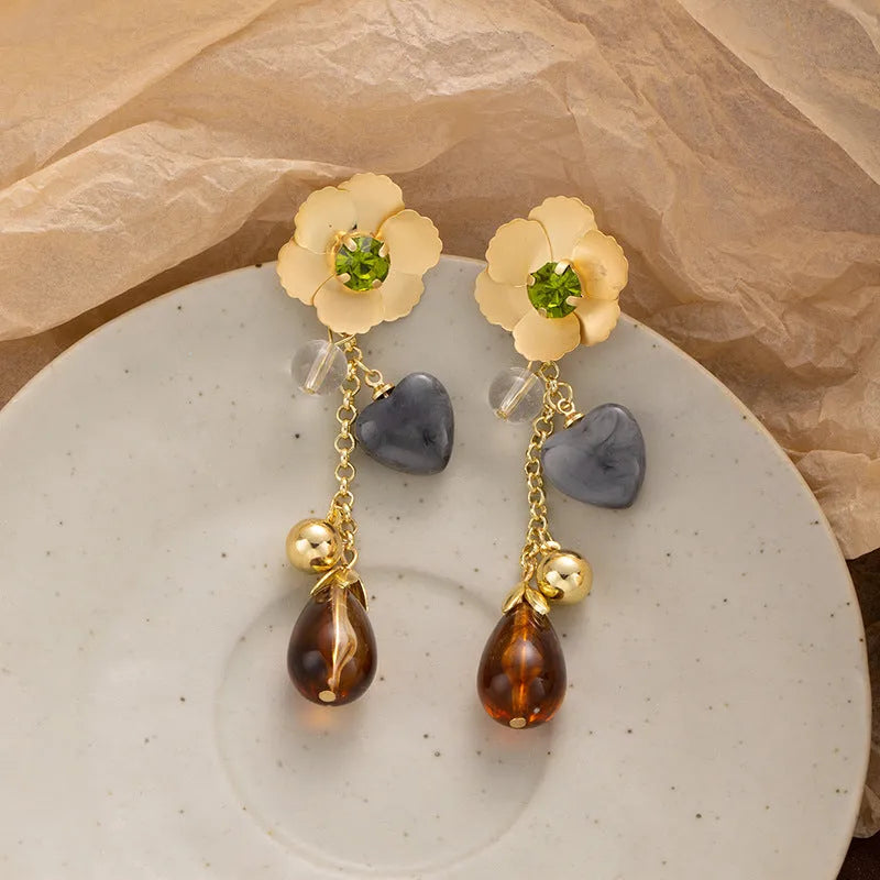 Gold diamond flower love iron earrings heart floral pastoral style for women