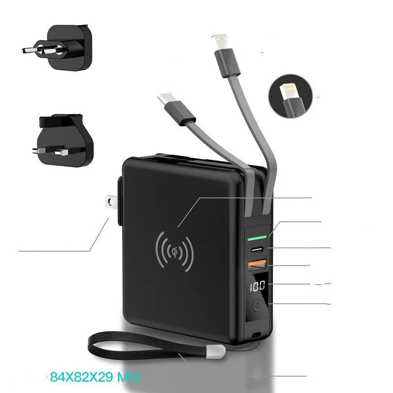 Black and white Super QI 10000mAh power bank with built-in plug and international travel adaptors set.