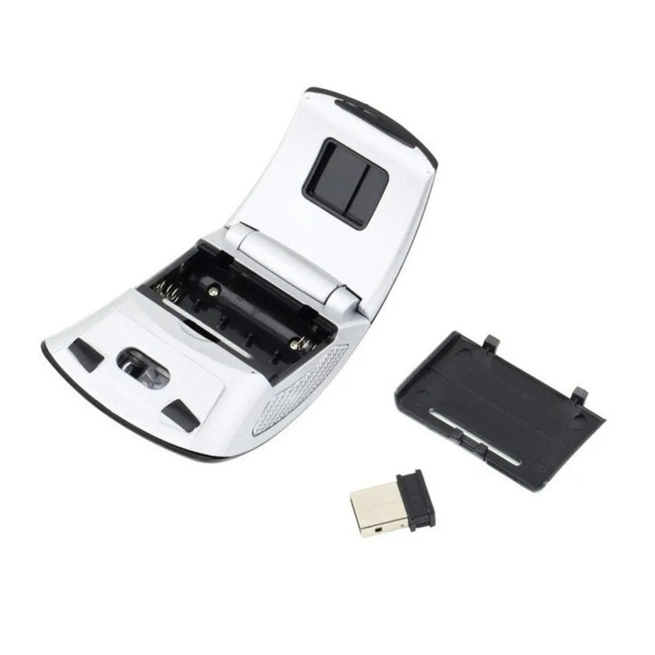Wireless foldable mouse in black with compact design, 2.4GHz receiver, and 1600CPI optical sensor