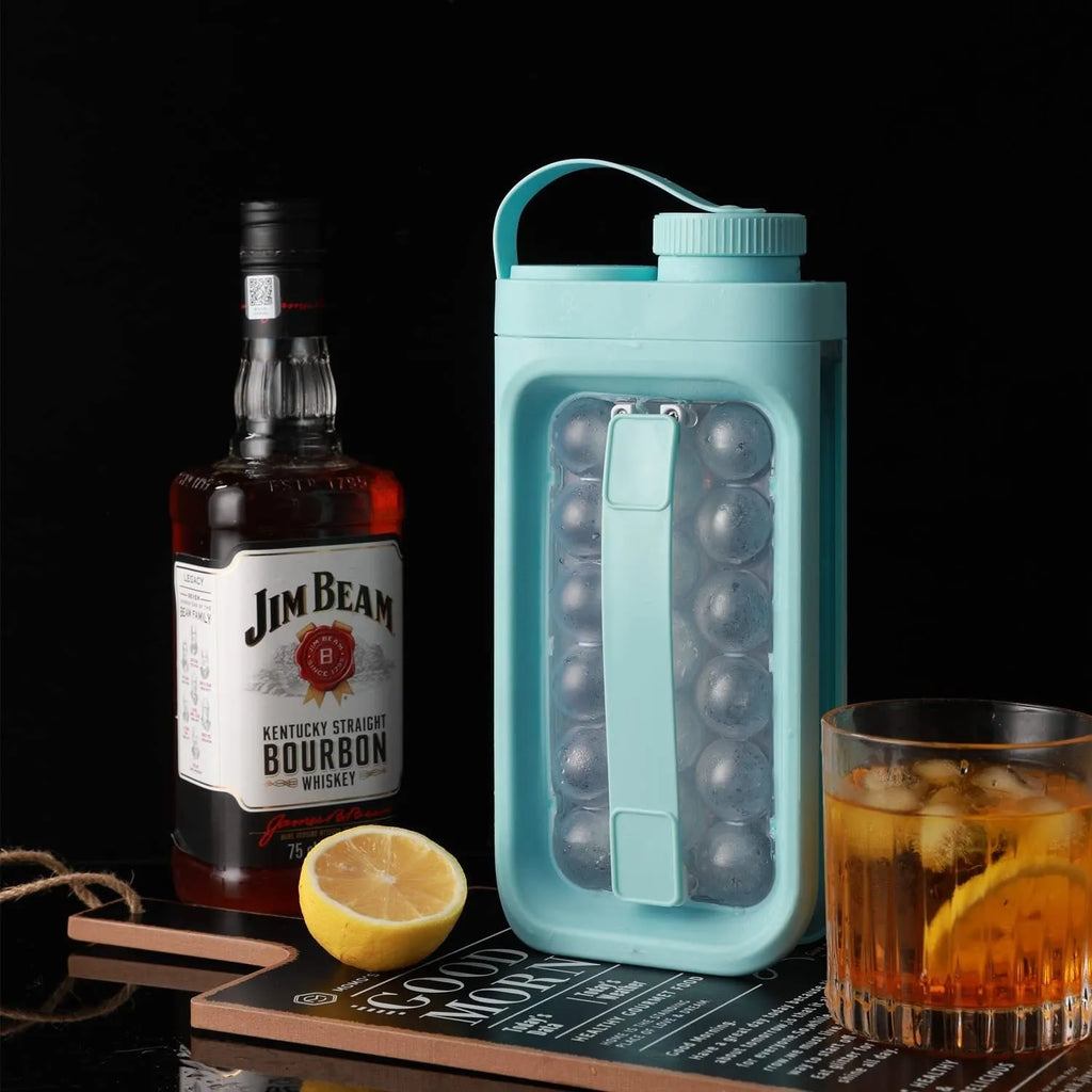 2-in-1 portable ice ball tray and water bottle with quick-release mould, light blue colour, 17 ice balls capacity