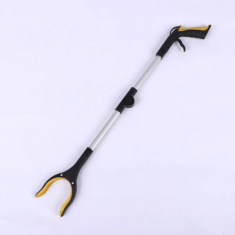 Foldable aluminium garbage pick-up clamp with extended pincers and a coloured handle, shown next to its magnet sucker attachment.