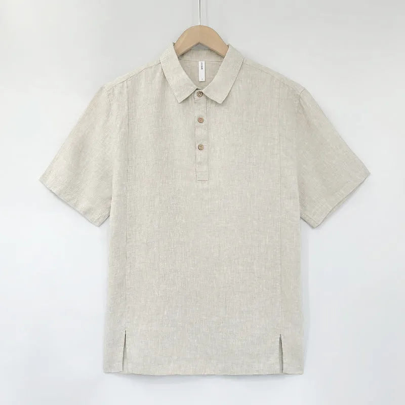 Men's linen summer top with thin lapels and short sleeves in loose fit