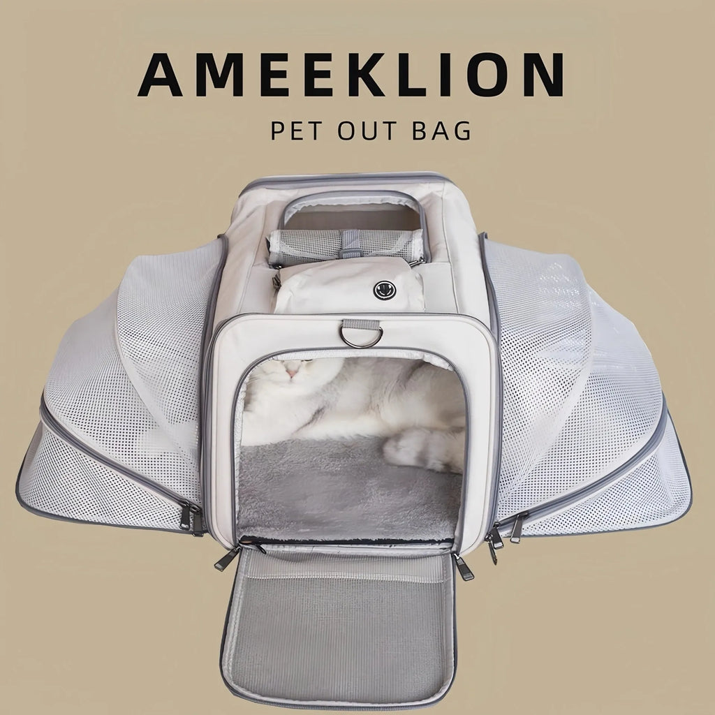 Oxford cloth cat carrier bag in beige extendable style on light background