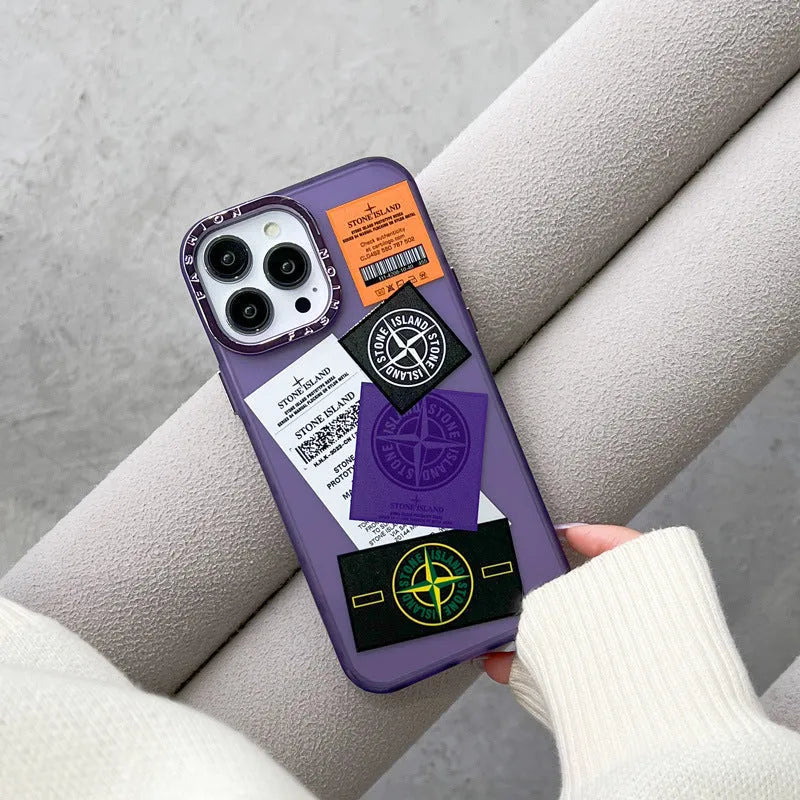 Creative Text Phone Case with hard back and soft edges, electroplated lens ring in purple stone island label, for iPhone