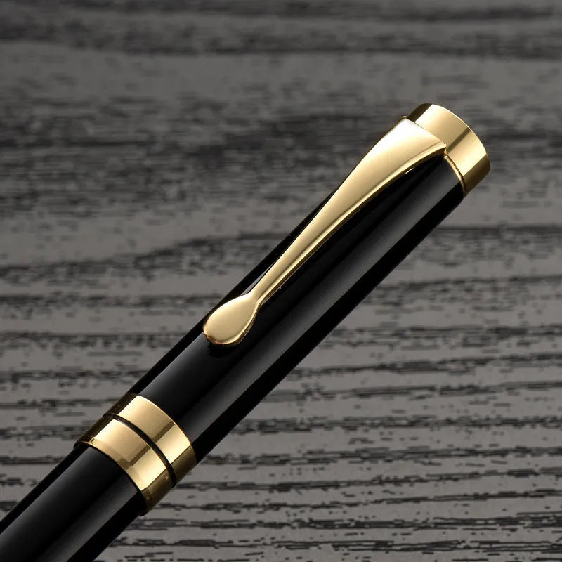 Metal fountain pen with fine F-0.5mm nib, black gold clip finish, 140mm length