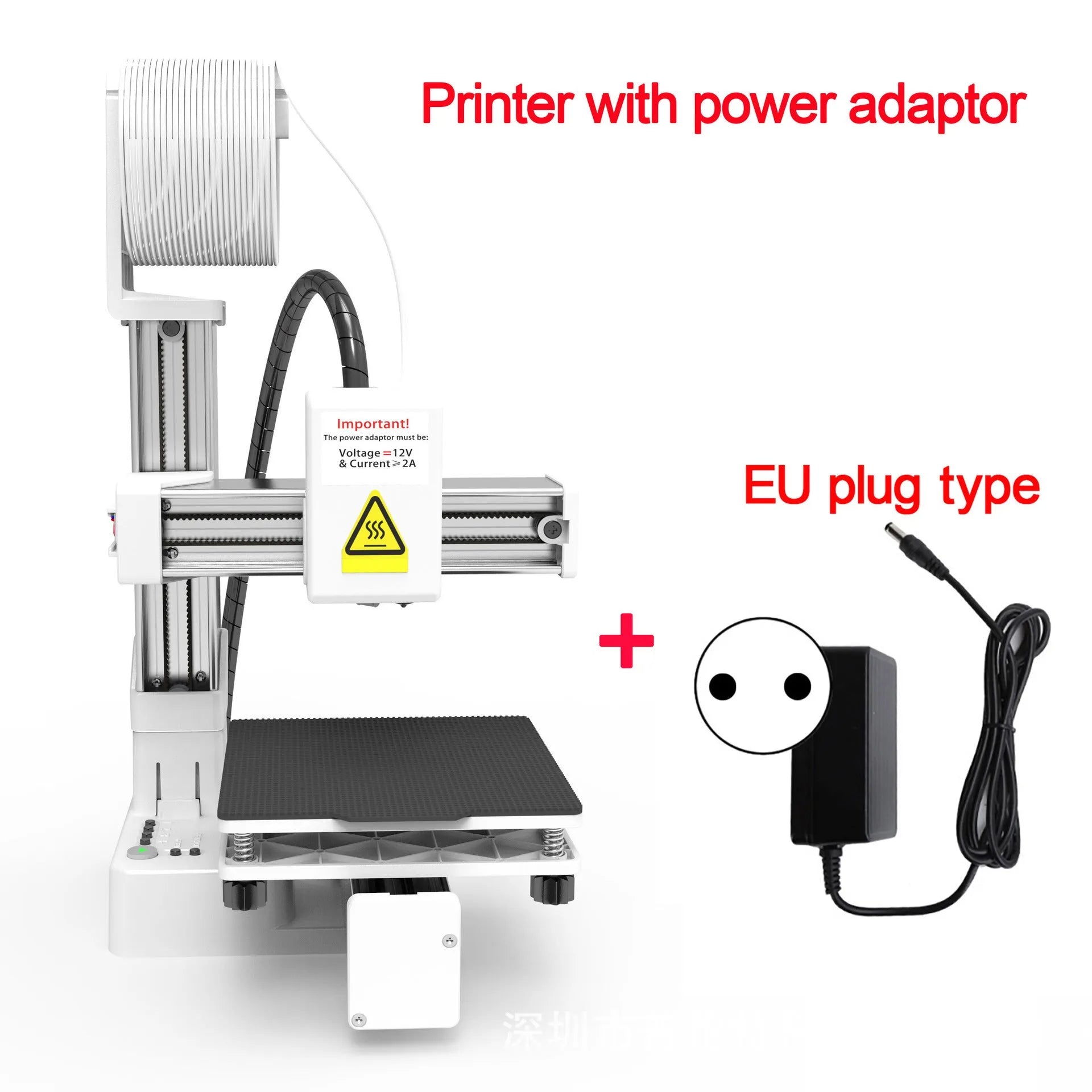 White EasyThreed K10 desktop 3D printer with power adapter for TPU and PLA filament.