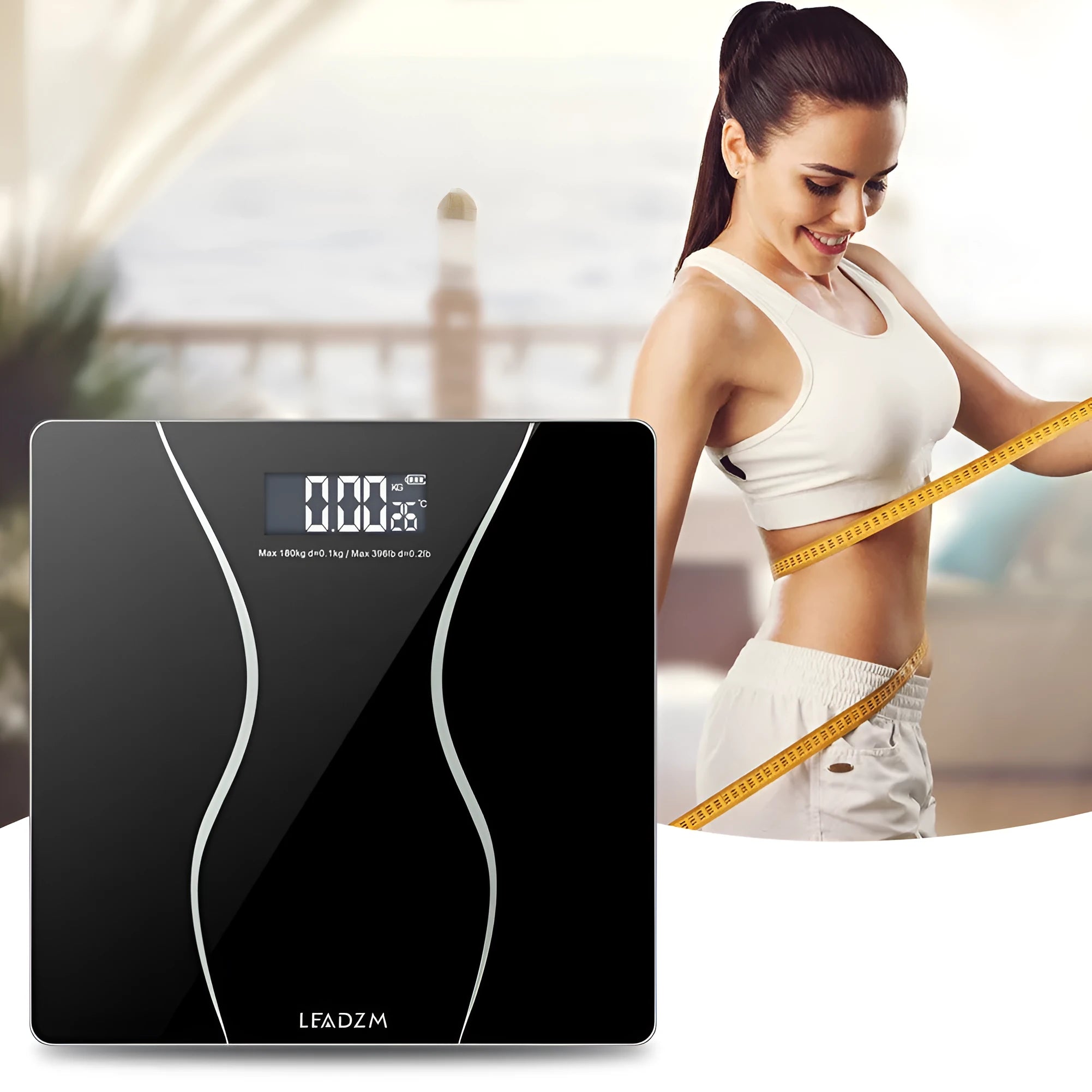 A black electronic body scale with a digital display on a hard floor.
