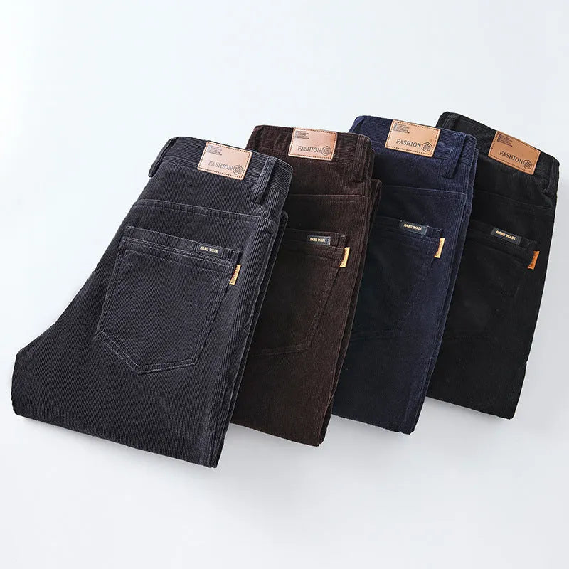 Slim fit straight corduroy trousers in cotton, mid waist, four colours, sizes 28-40