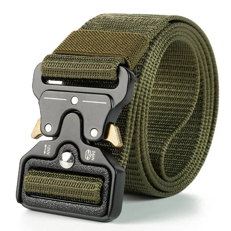 Men's tactical canvas belt with alloy buckle in multiple colour options showing 120cm length