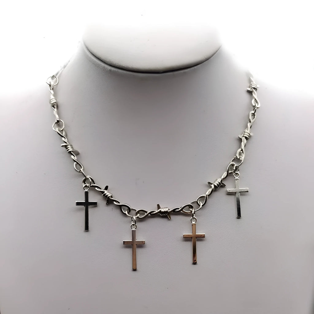 Iron wire choker necklace with geometric alloy pendant in white K, unisex hip hop gothic punk style
