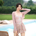 Women's floral pattern one-piece swimsuit with suspender straps in pink or green colour options