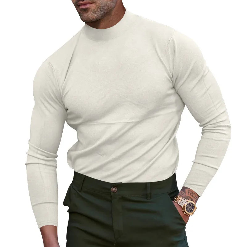 Men's mid-neck knitted pullover jumper in khaki, black or beige, slim fit long sleeve polyester sweater