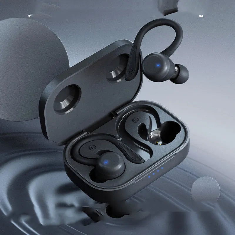 Black hanging ear wireless sports headphones with removable ear hooks on a blue background.