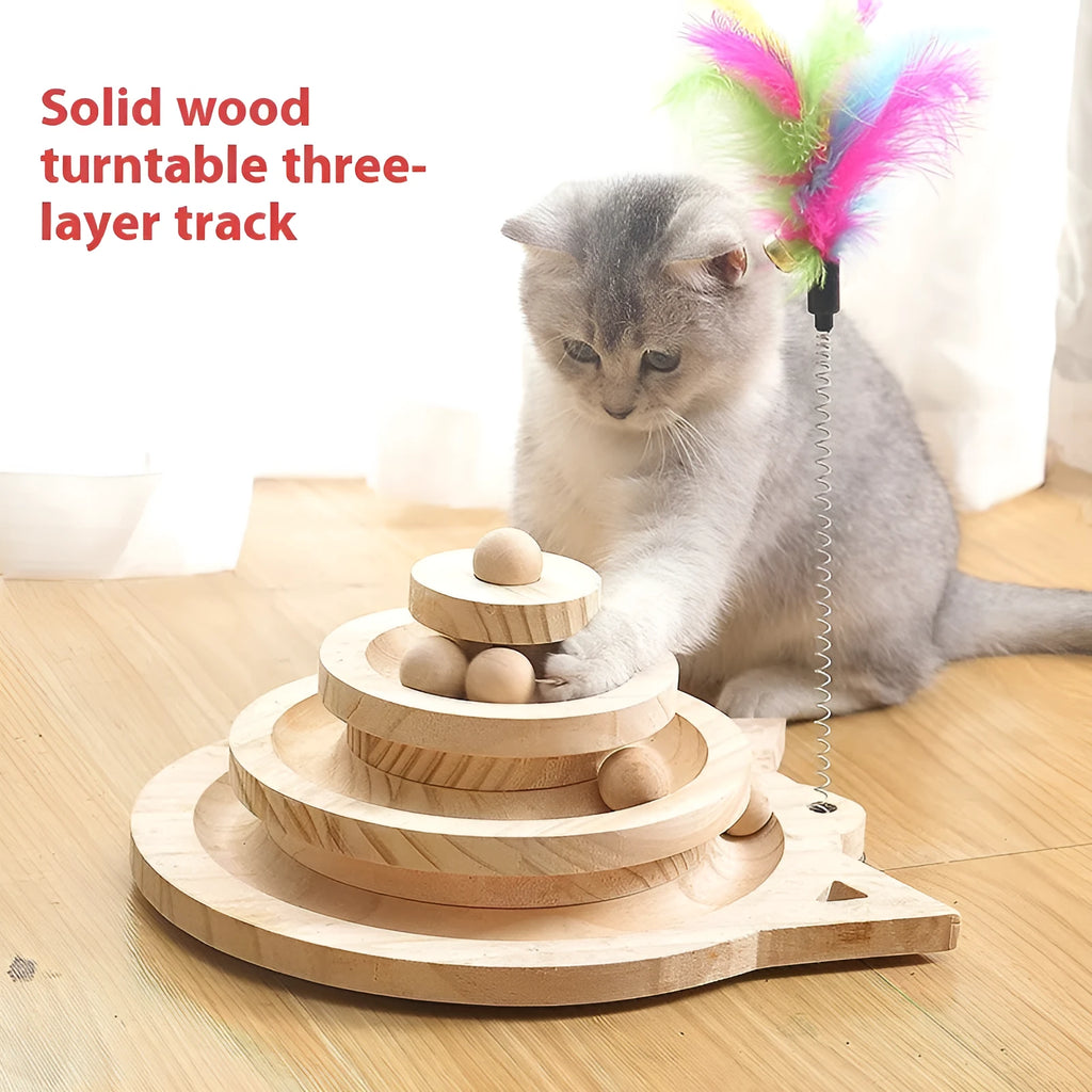 Solid wood turntable cat teaser with self-hi motion in double-layer configuration