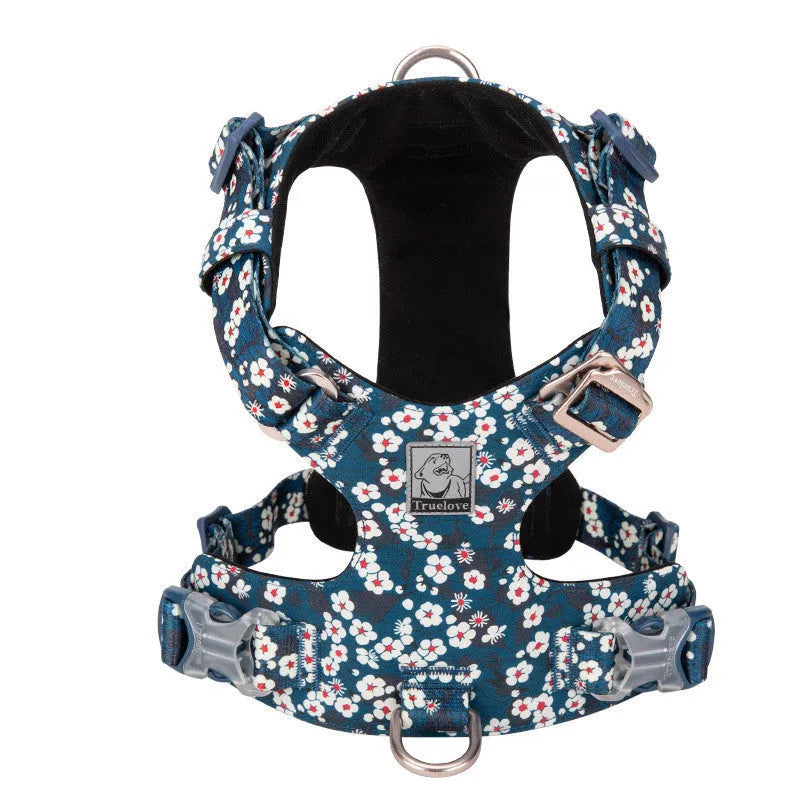 Pure cotton pet chest strap with floral pattern in red, green, or blue for dogs