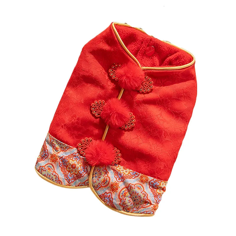 Red Chinese plum blossom pattern Tang suit button-up vest for small dogs and cats