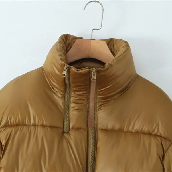 Gold women's puffer coat with stand-up collar and double zipper, straight fit, long sleeves