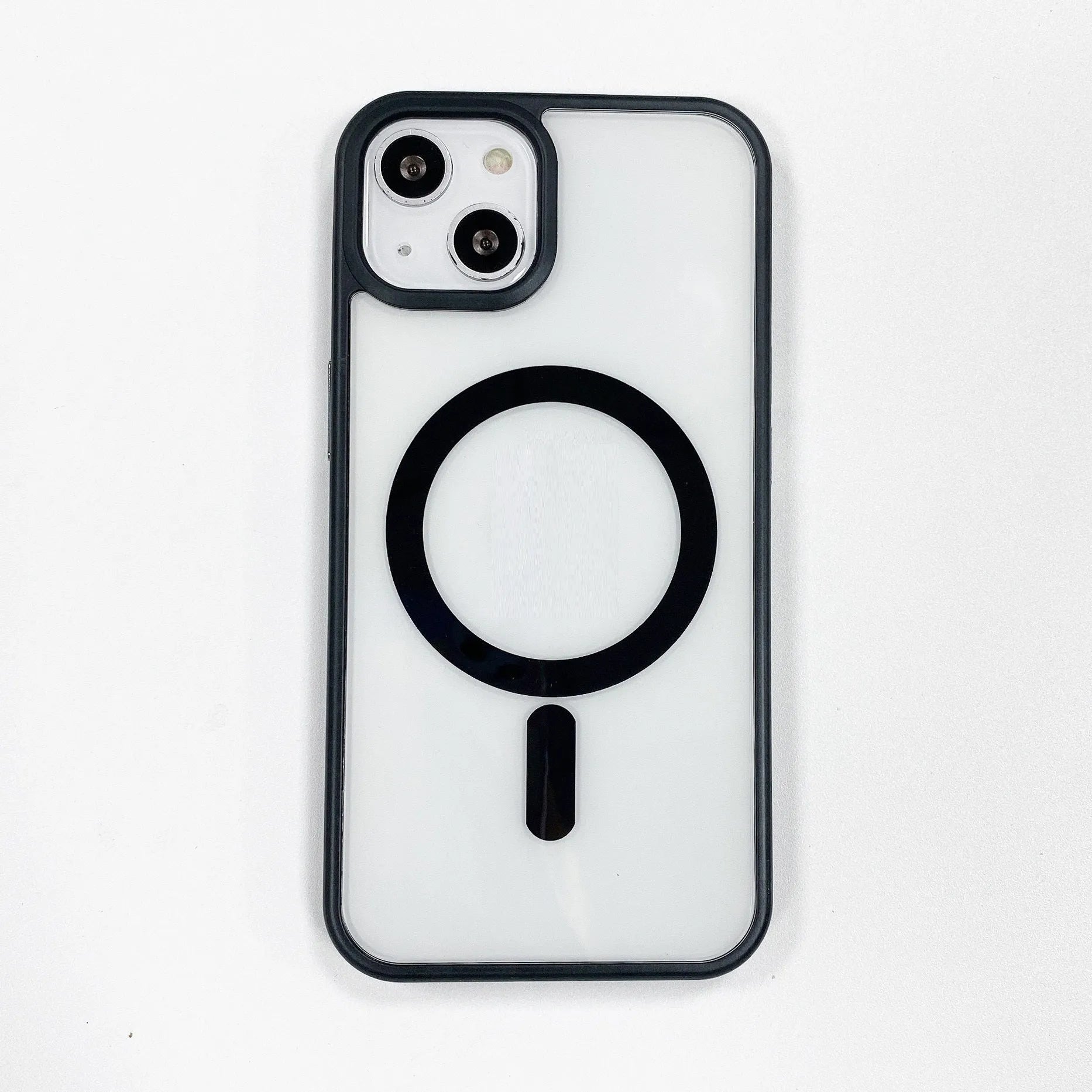 Transparent acrylic MagSafe phone case for iPhone showing magnetic ring and colour options