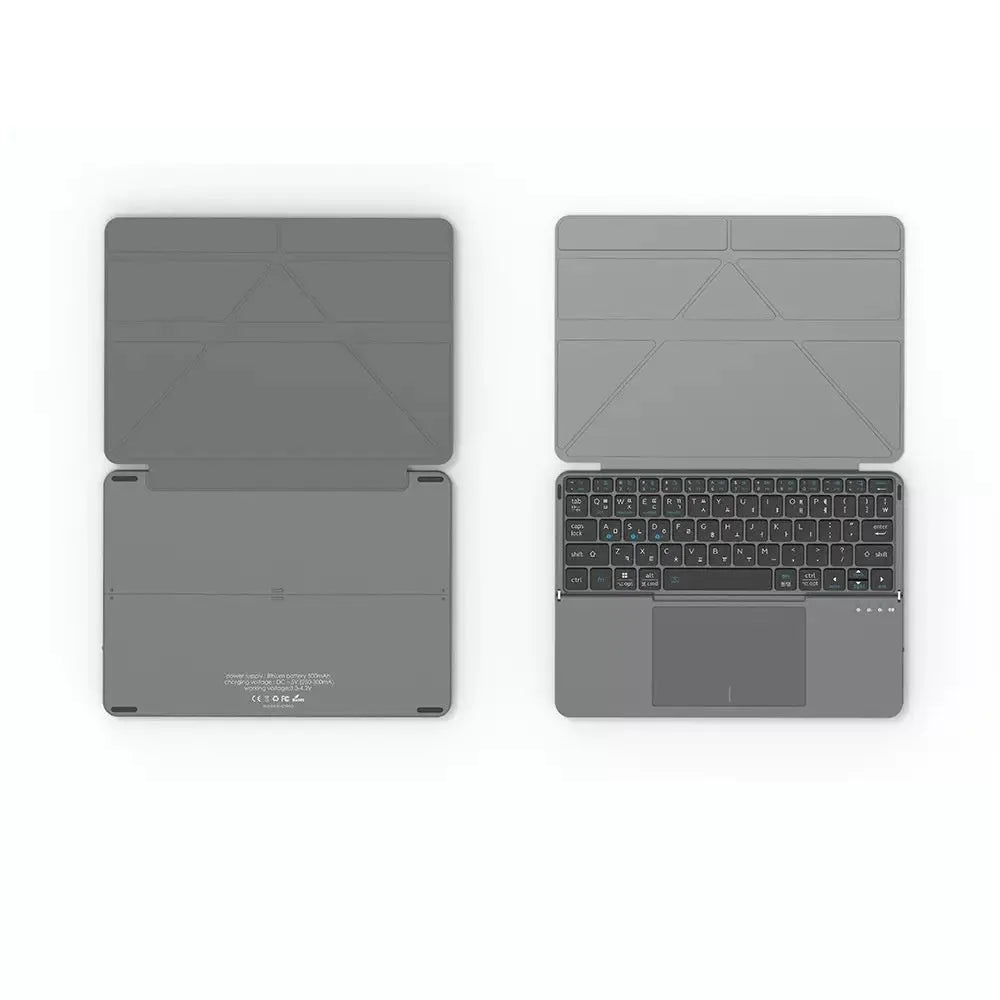 Grey wireless Bluetooth folding keyboard with phone slot open showing mobile device placement