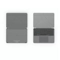 Grey wireless Bluetooth folding keyboard with phone slot open showing mobile device placement