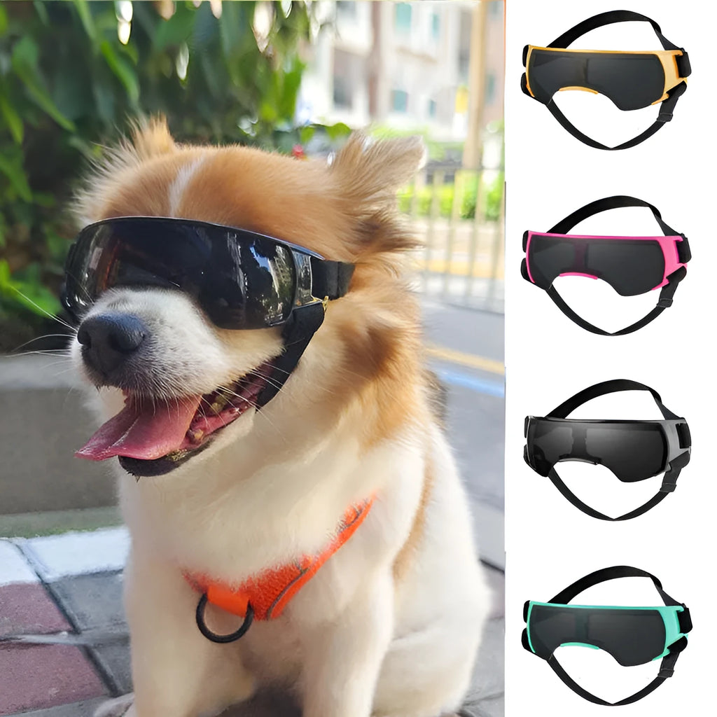 Dog sun-proof UV-proof goggles in black, blue, golden and pink with polycarbonate lenses and nylon ribbon strap