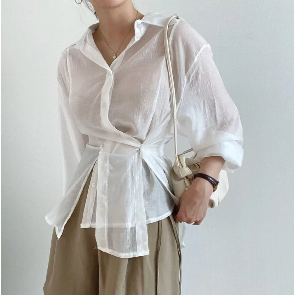Irregular buckle lapel long sleeve shirt in smoky gray or white, thin polyester top, 50cm length, sizes S to XL