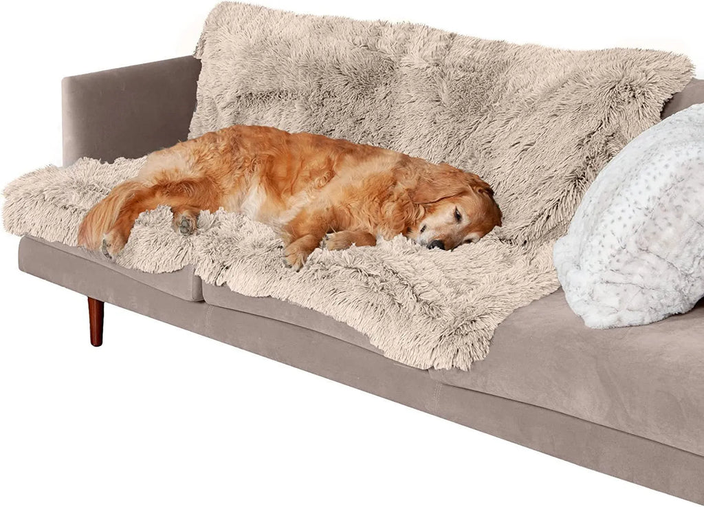 Plush waterproof dog cushion in dark grey showing double-layer thickening construction with size measurement