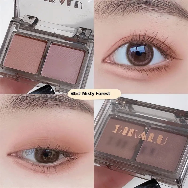 Two-tone eye shadow cosmetic plate showing matte and shimmer sections in pink and black colour combination