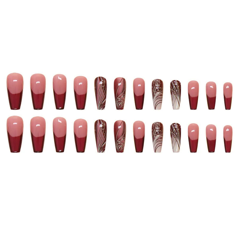 French line pattern false nails and adhesive glue on white background.